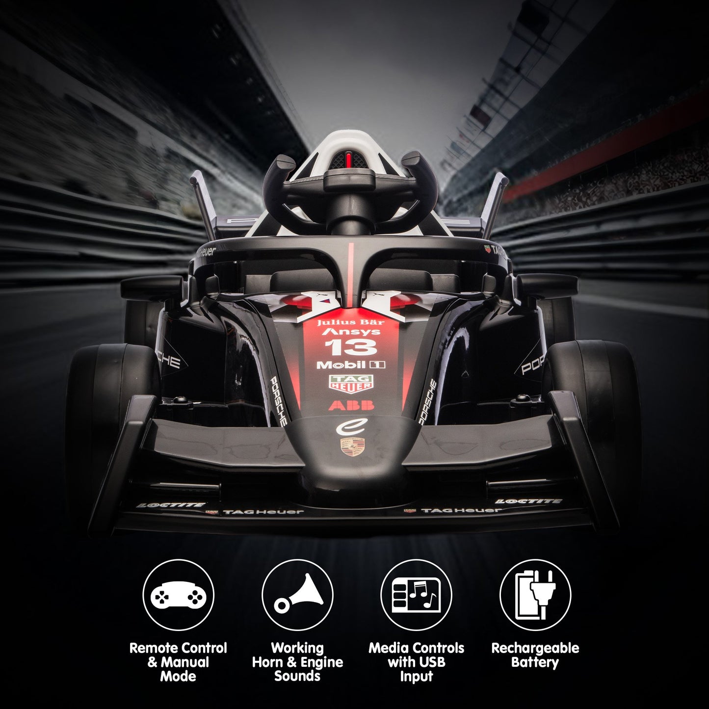 Kahuna Porsche Formula E Kids Electric Ride On Car Remote Control 60W Dual Motors MP3 Player Suspension & Seat Belt