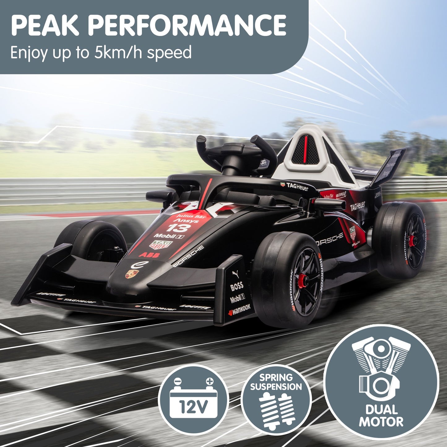 Kahuna Porsche Formula E Kids Electric Ride On Car Remote Control 60W Dual Motors MP3 Player Suspension & Seat Belt