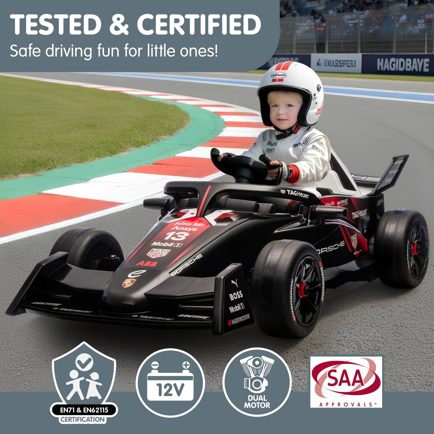 Kahuna Porsche Formula E Kids Electric Ride On Car Remote Control 60W Dual Motors MP3 Player Suspension & Seat Belt