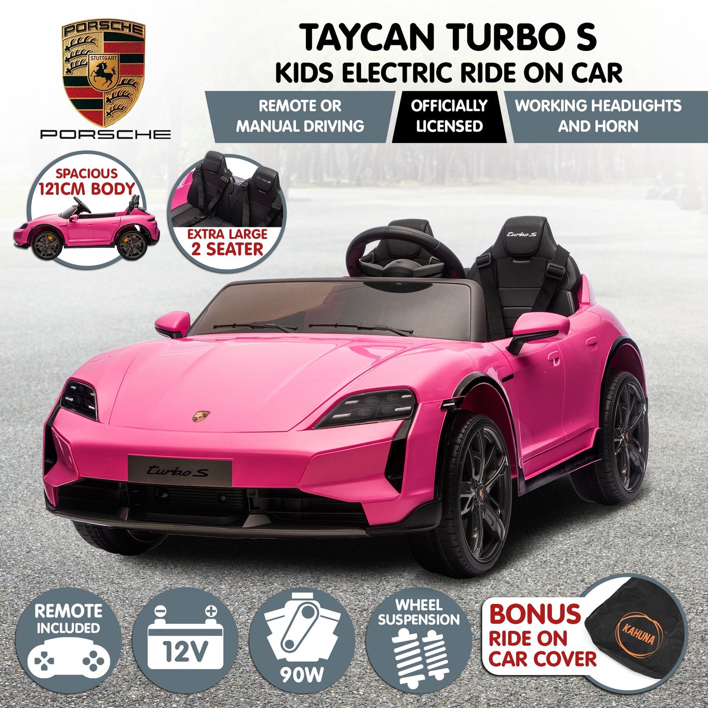 Kahuna Porsche Taycan Turbo S Kids Electric Ride On Car w/Remote Control 90W Four Wheel Suspension 2 Seater w/Seat Belt
