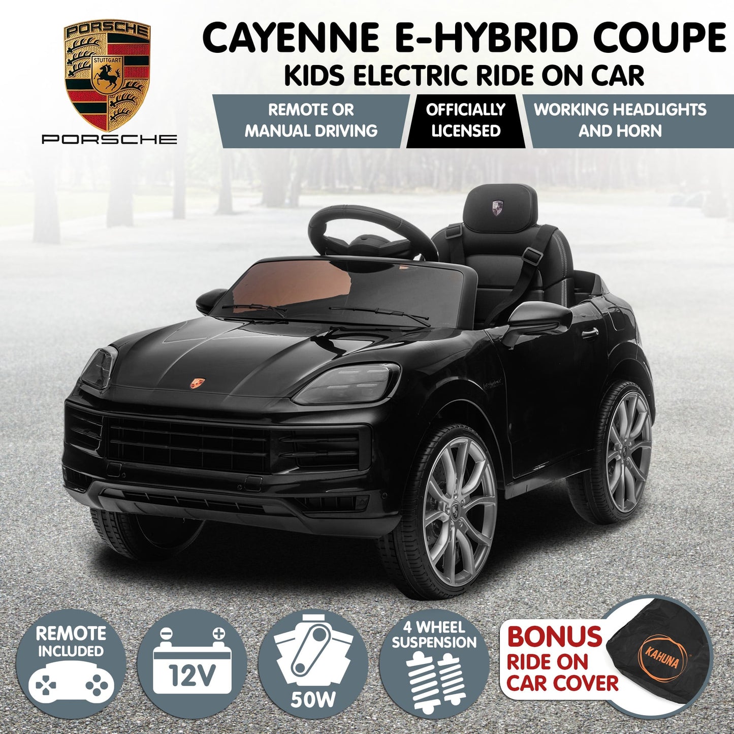 Kahuna Porsche Cayenne E Hybrid Coupe Licensed Kids Electric Ride On Car Remote Control 50W Dual Motors Speed Settings