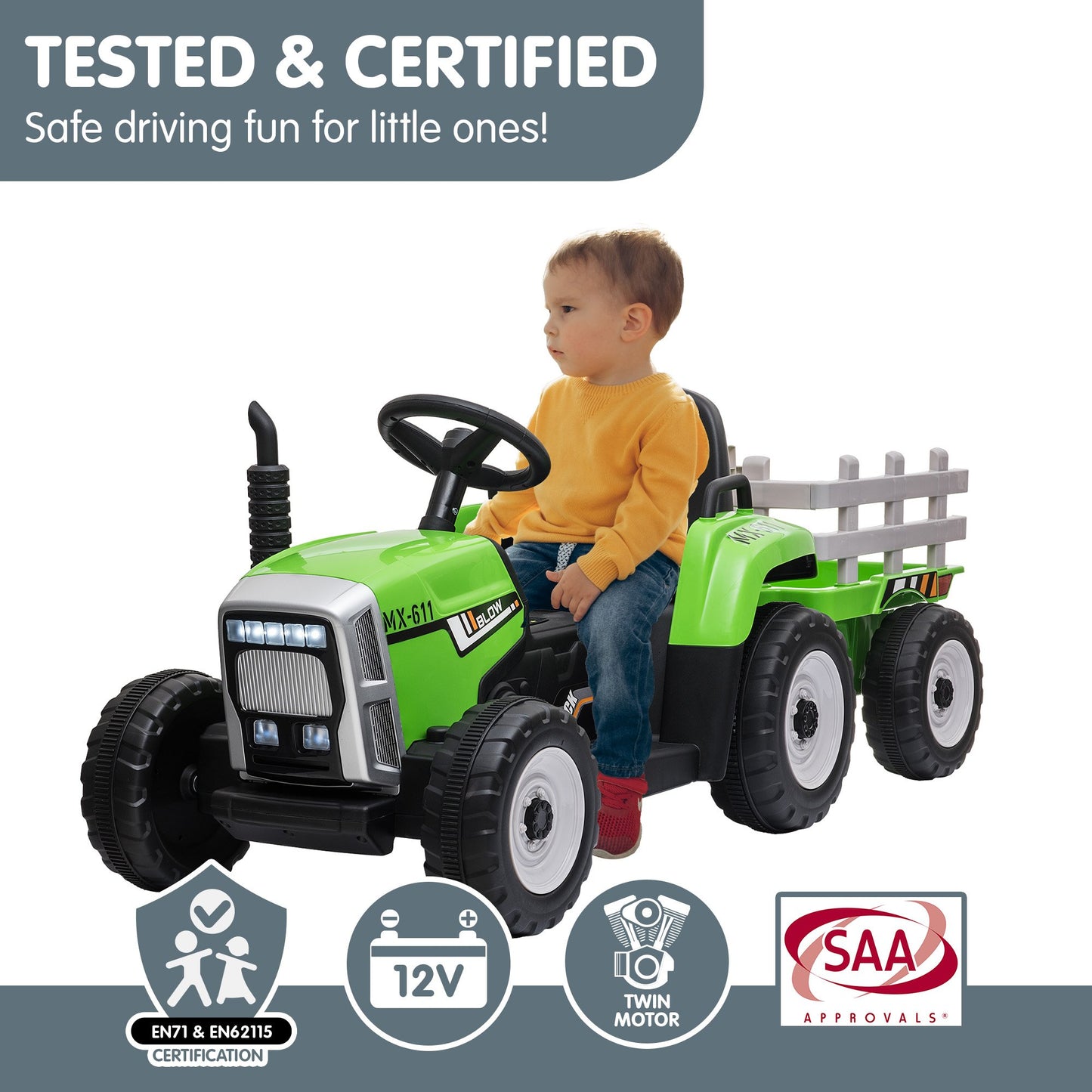 Kahuna MX-611 Kids Electric Ride On Tractor Trailer Car Green Grey