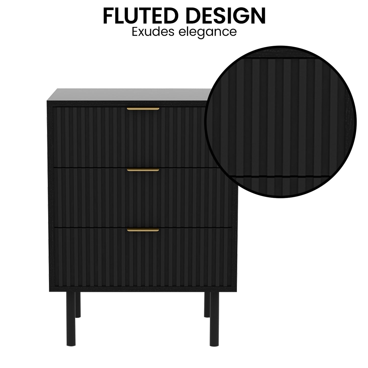 Sarantino Evelyn Bedside Table with 3 Drawers - Black