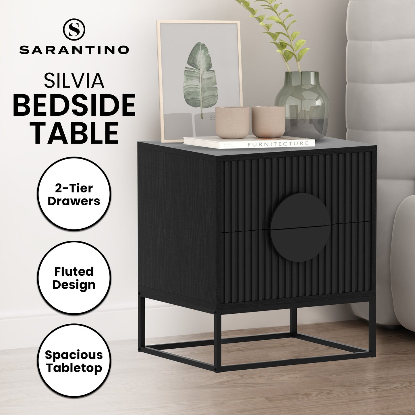 Sarantino Silvia Bedside Table with Black Handles and 2 Drawers