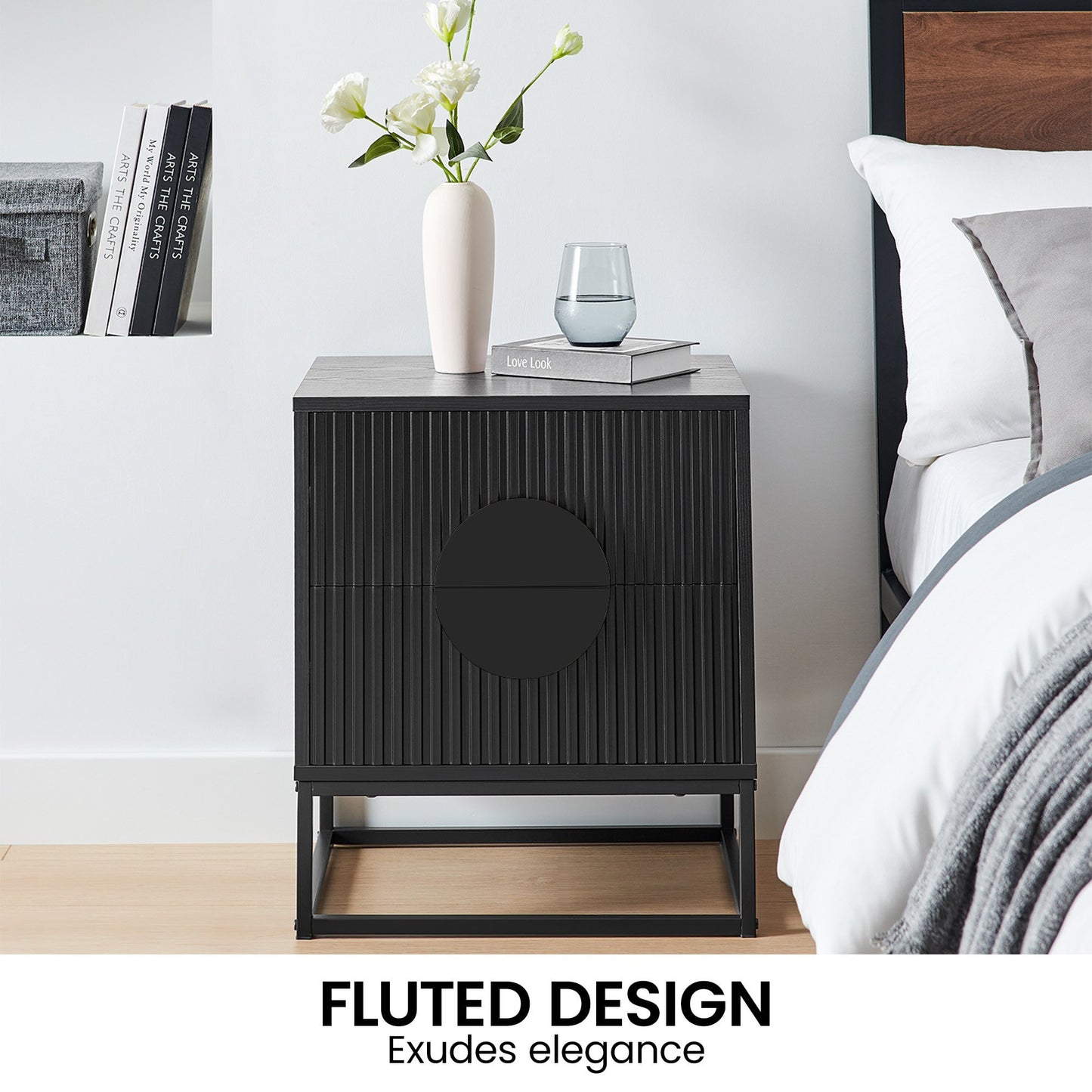 Sarantino Silvia Bedside Table with Black Handles and 2 Drawers