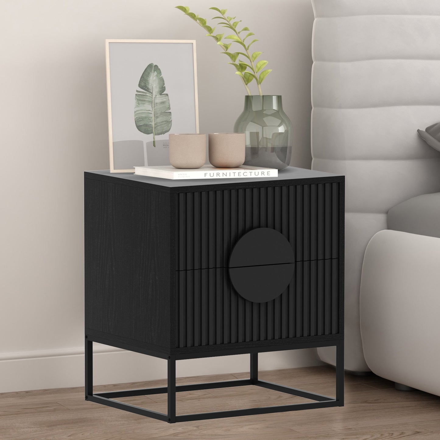 Sarantino Silvia Bedside Table with Black Handles and 2 Drawers