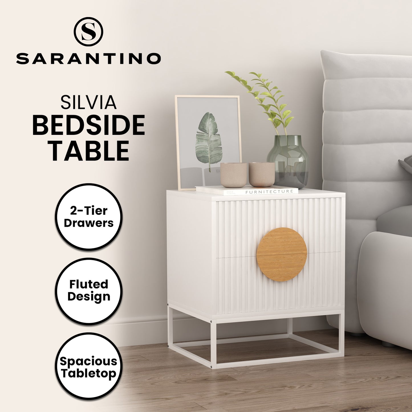 Sarantino Silvia Bedside Table with 2 Drawers - White