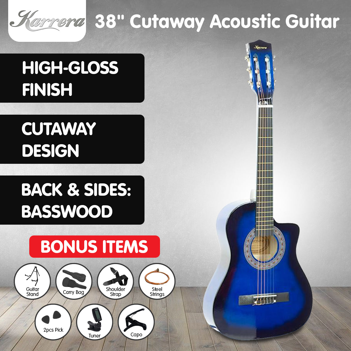 Karrera 38in Pro Cutaway Acoustic Guitar with Bag Strings - Blue Burst