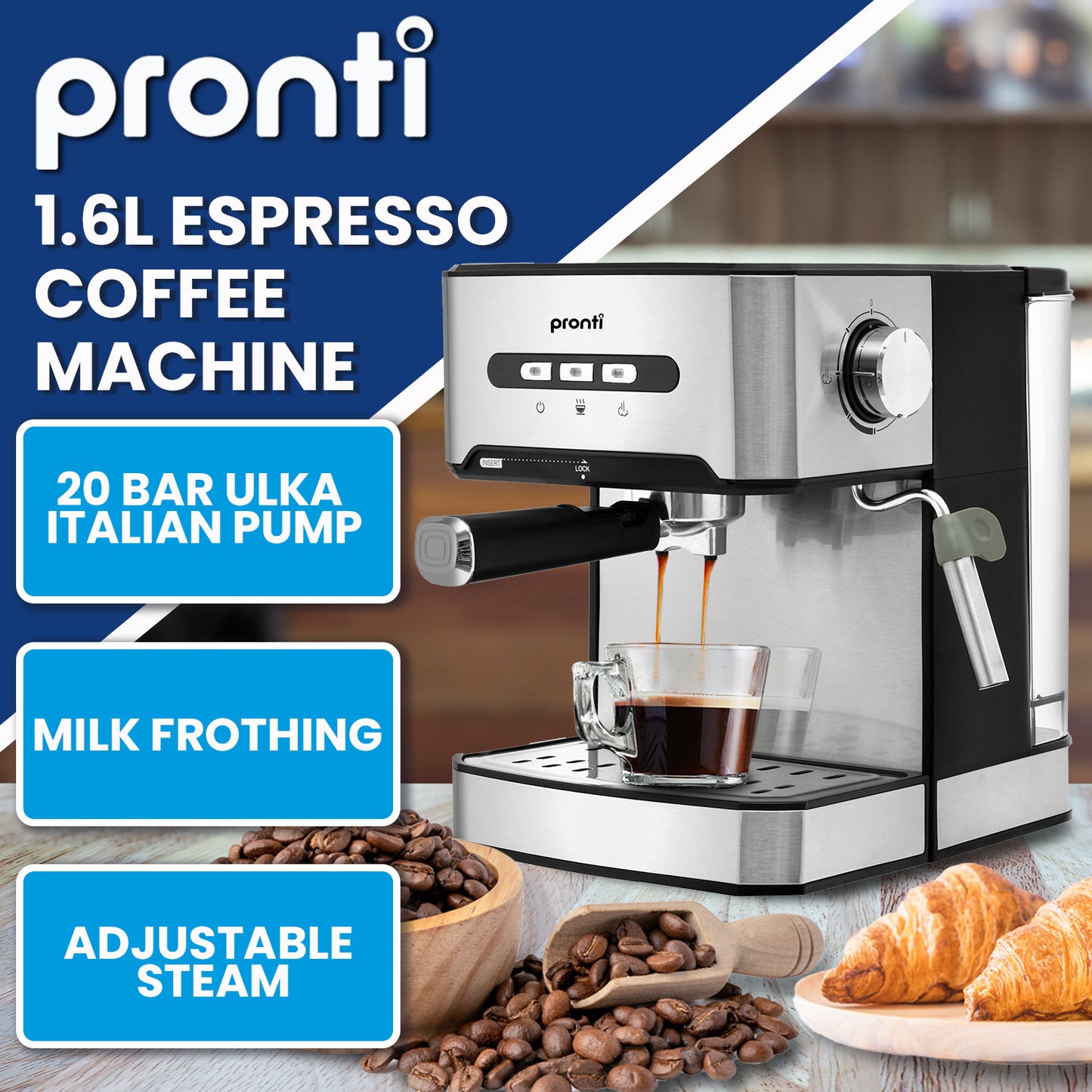 Pronti 1.6L Automatic Coffee Espresso Machine with Steam Frother