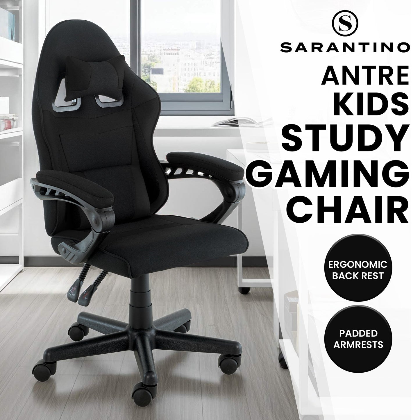 Sarantino Antre Kids Study Gaming Chair Black Computer Seat Adjustable Height Ergonomic Back Support, Padded Armrest