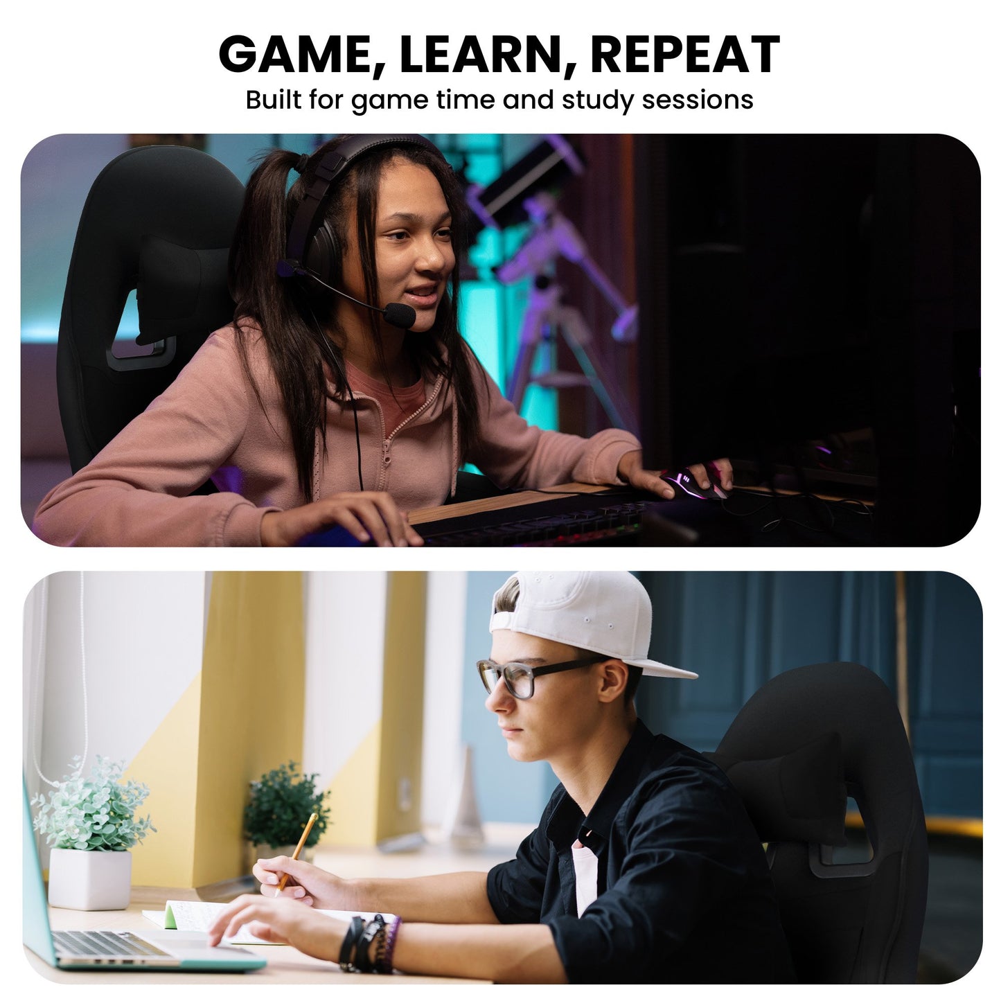 Sarantino Antre Kids Study Gaming Chair Black Computer Seat Adjustable Height Ergonomic Back Support, Padded Armrest