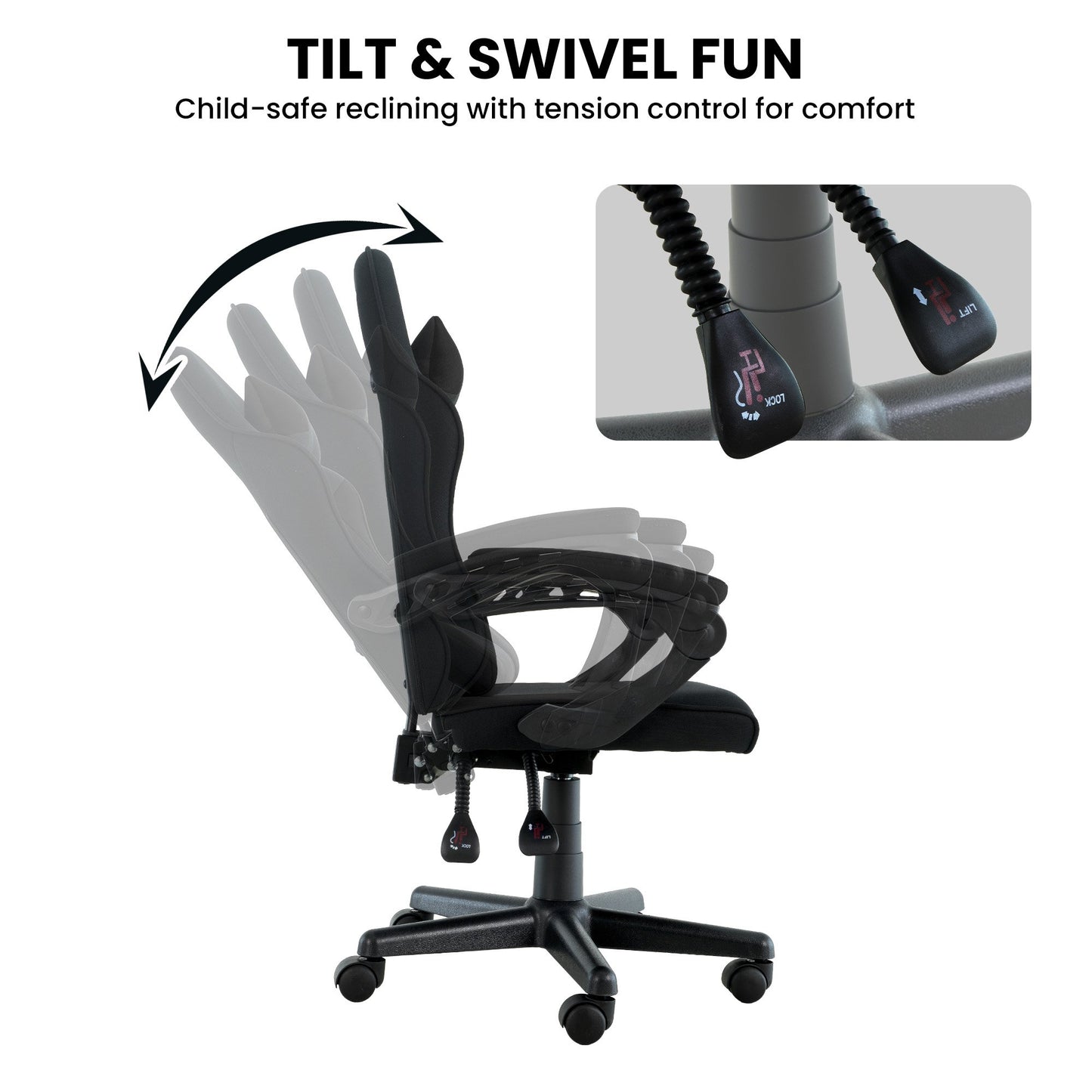 Sarantino Antre Kids Study Gaming Chair Black Computer Seat Adjustable Height Ergonomic Back Support, Padded Armrest