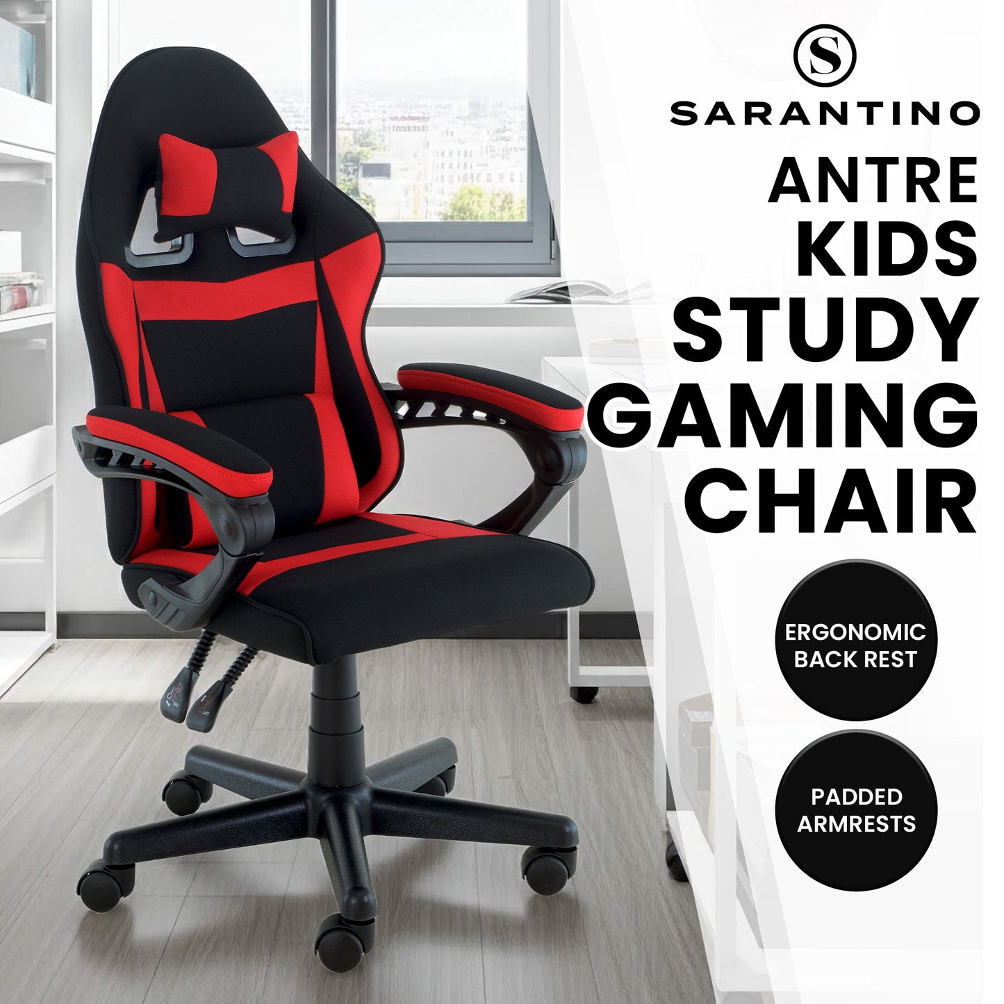 Sarantino Antre Kids Study Gaming Chair in Black and Red Office Adjustable Height Chair