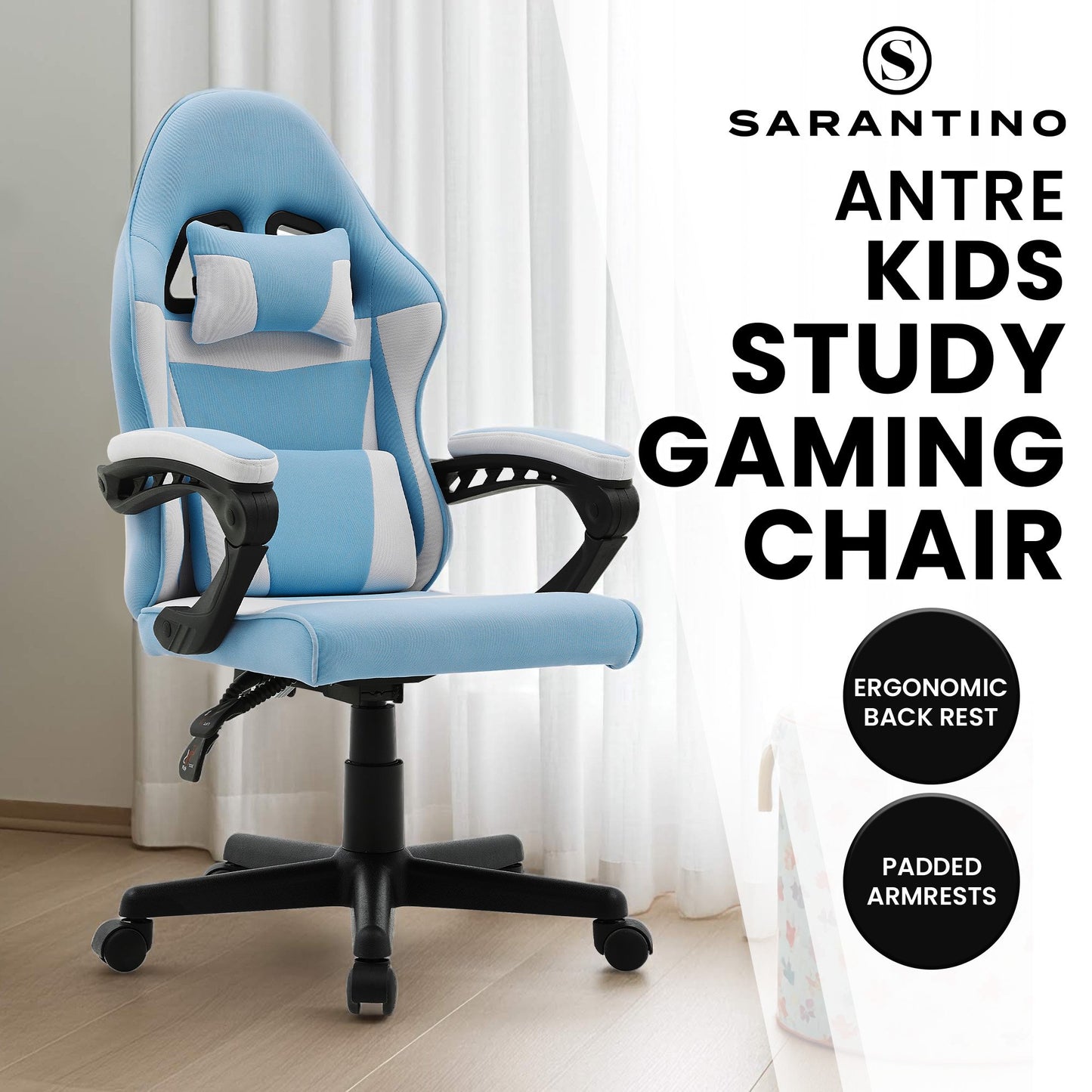 Sarantino Antre Kids Study Gaming Chair Blue White Computer Desk Seat Racing Inspired-Look with Adjustable Height, Ergonomic Back Support, Padded Armrests
