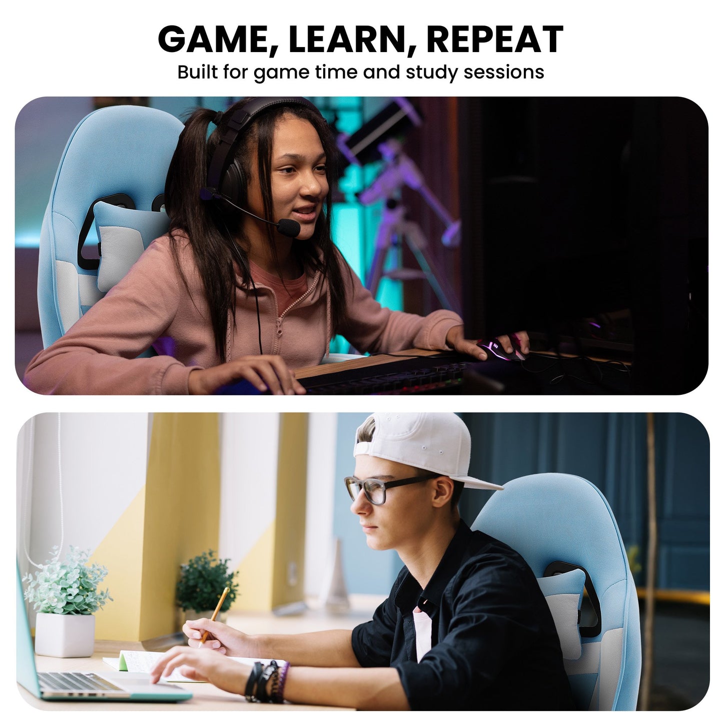Sarantino Antre Kids Study Gaming Chair Blue White Computer Desk Seat Racing Inspired-Look with Adjustable Height, Ergonomic Back Support, Padded Armrests