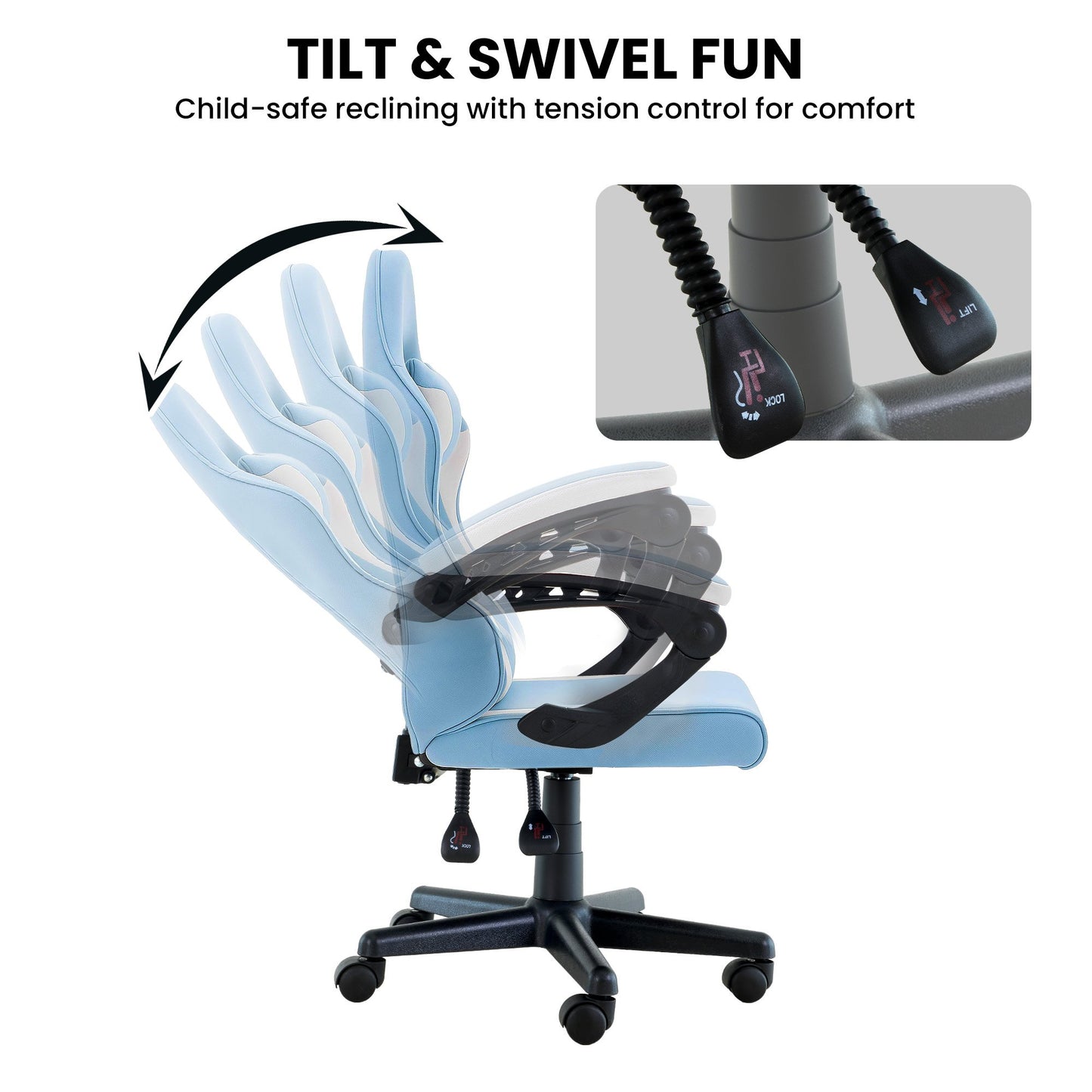Sarantino Antre Kids Study Gaming Chair Blue White Computer Desk Seat Racing Inspired-Look with Adjustable Height, Ergonomic Back Support, Padded Armrests
