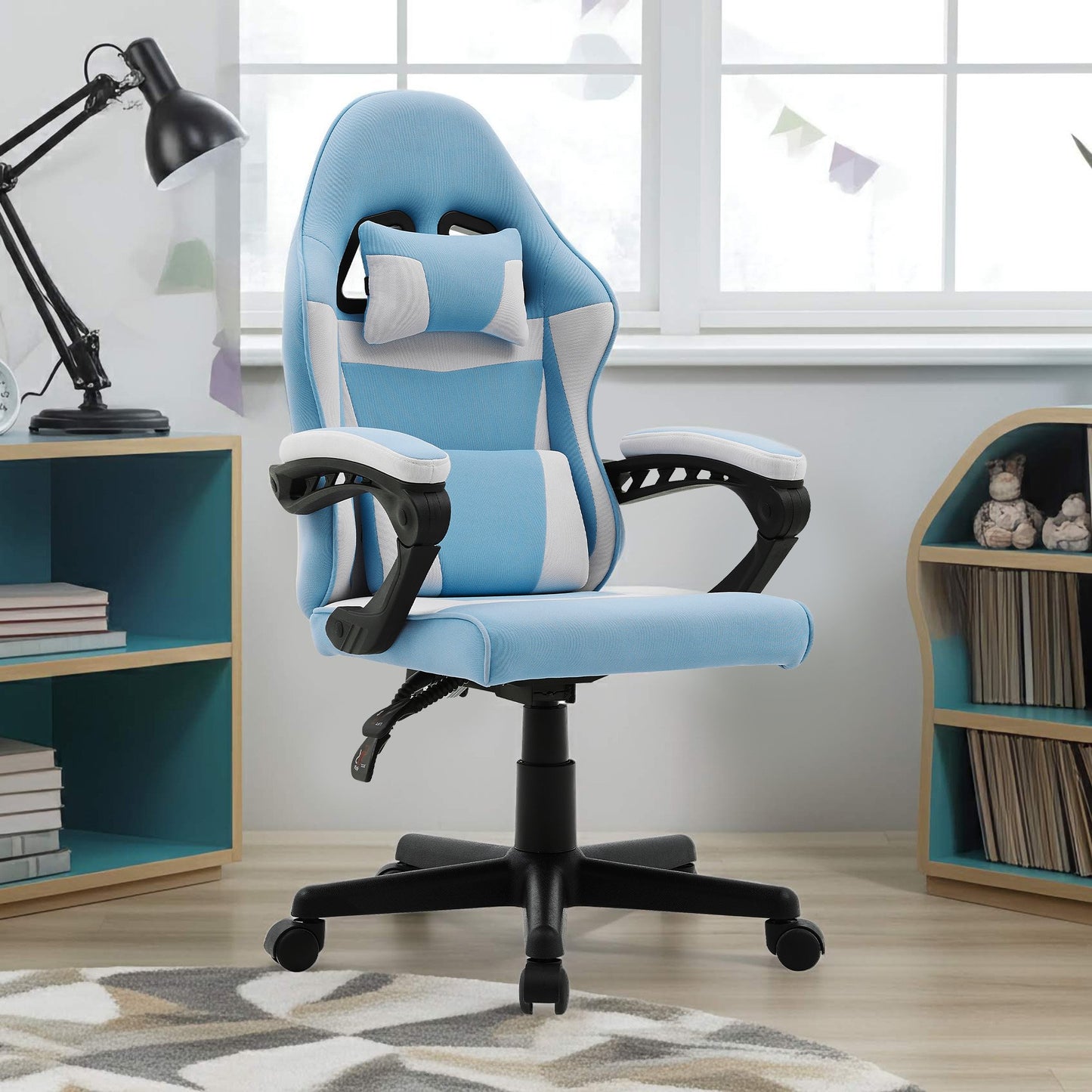 Sarantino Antre Kids Study Gaming Chair Blue White Computer Desk Seat Racing Inspired-Look with Adjustable Height, Ergonomic Back Support, Padded Armrests