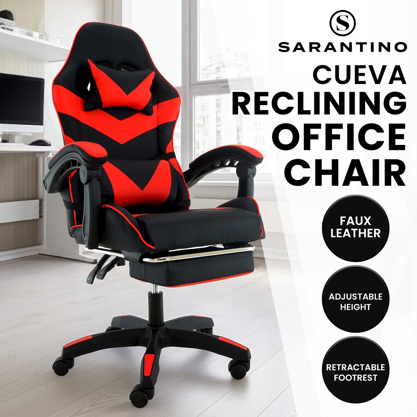 Sarantino Cueva Reclining High Back Office Gaming Chair with Retractable Footrest Office Computer Seating in Black/Red