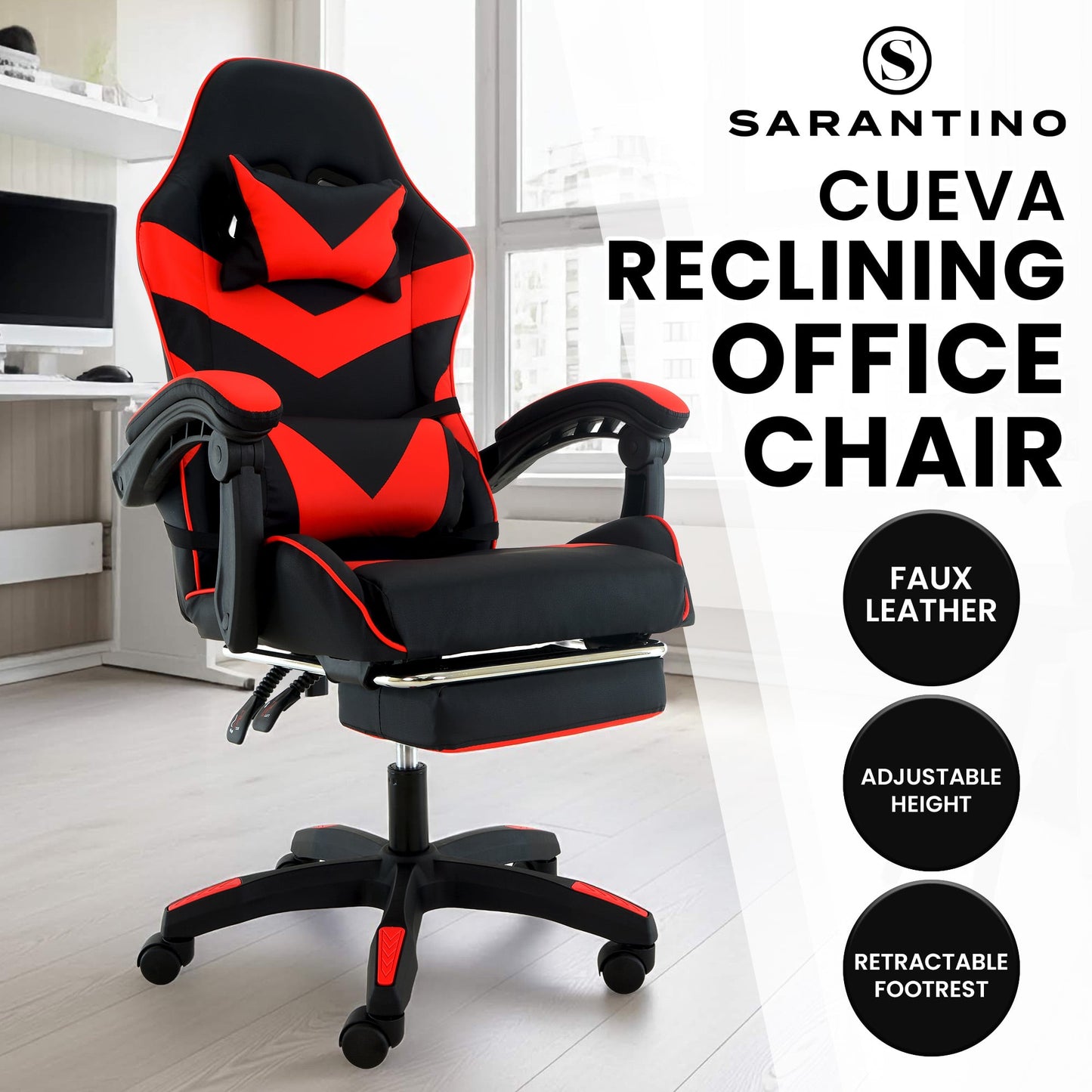 Sarantino Cueva Reclining High Back Office Gaming Chair with Retractable Footrest Office Computer Seating Black Red
