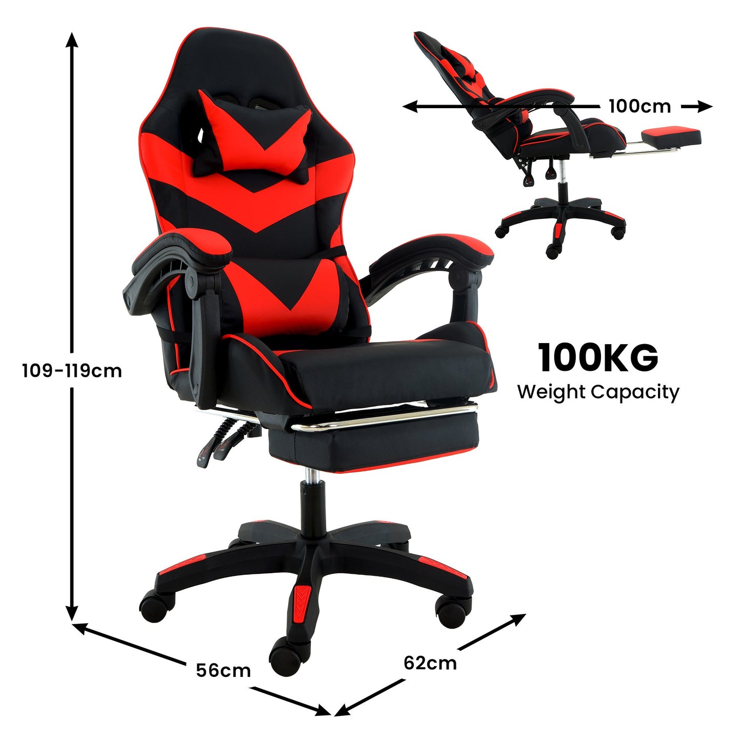 Sarantino Cueva Reclining High Back Office Gaming Chair with Retractable Footrest Office Computer Seating in Black/Red