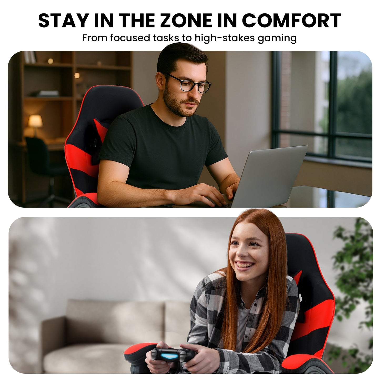 Sarantino Cueva Reclining High Back Office Gaming Chair with Retractable Footrest Office Computer Seating in Black/Red