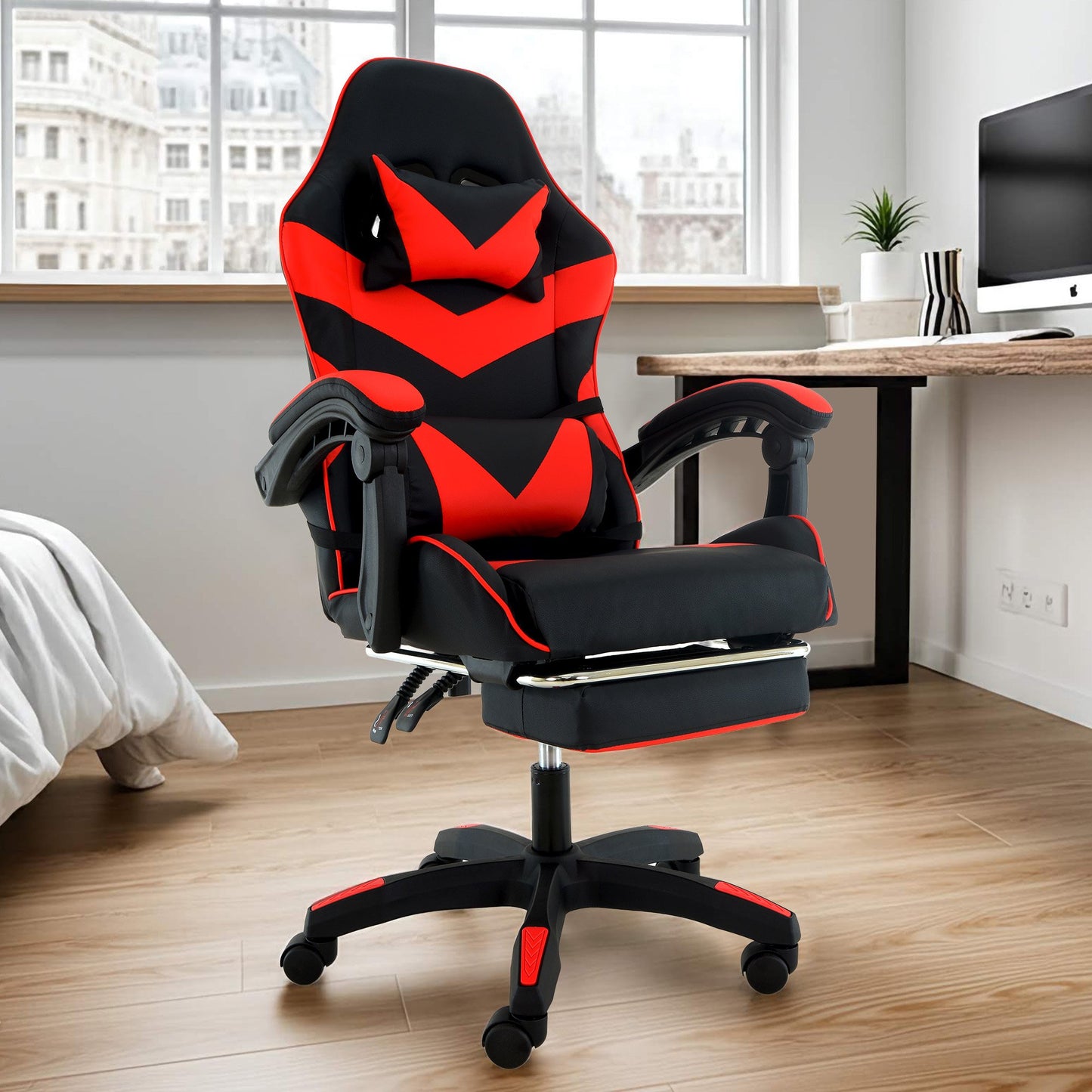 Sarantino Cueva Reclining High Back Office Gaming Chair with Retractable Footrest Office Computer Seating in Black/Red