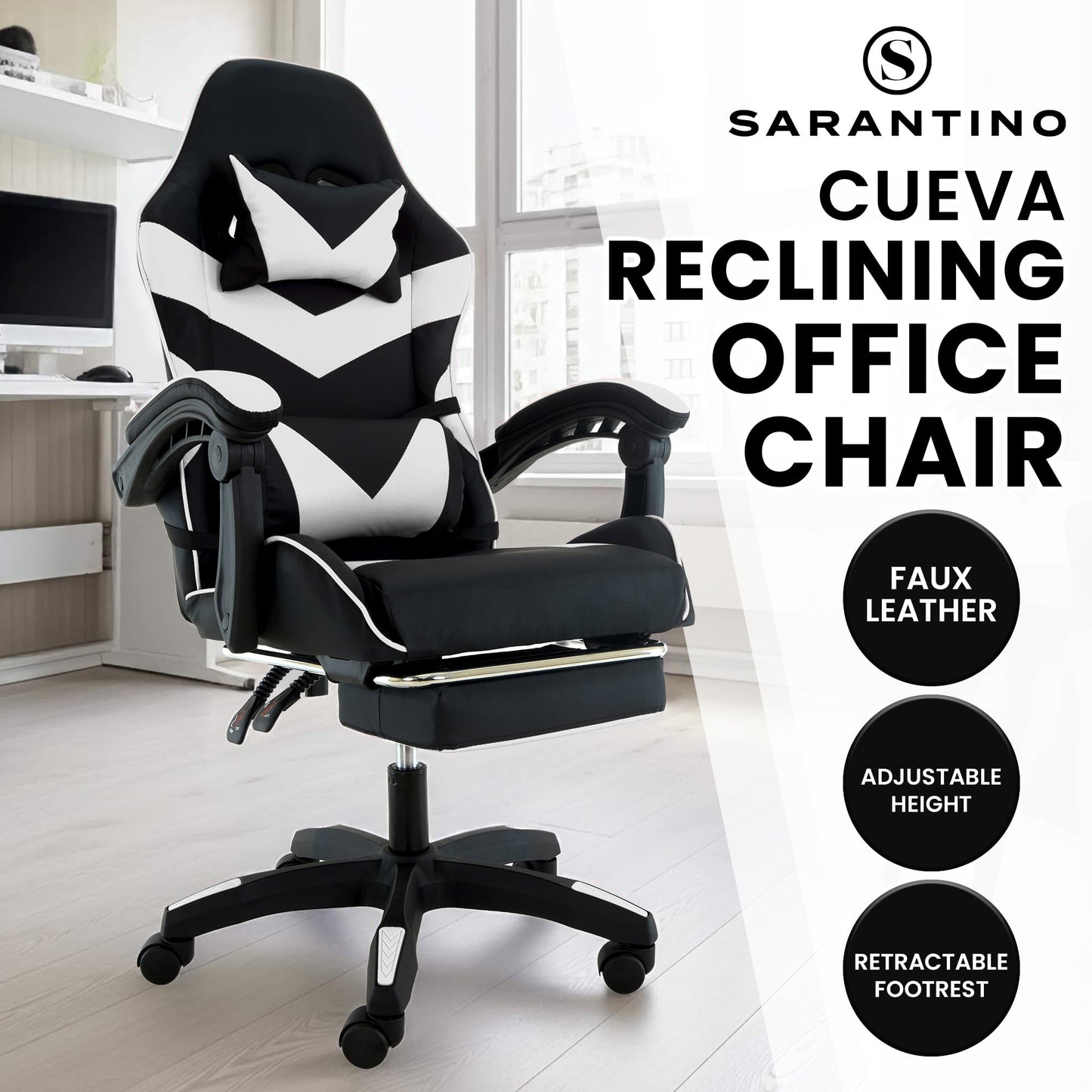 Sarantino Cueva Reclining High Back Office Gaming Chair with Retractable Footrest Office Computer Seating BKWH