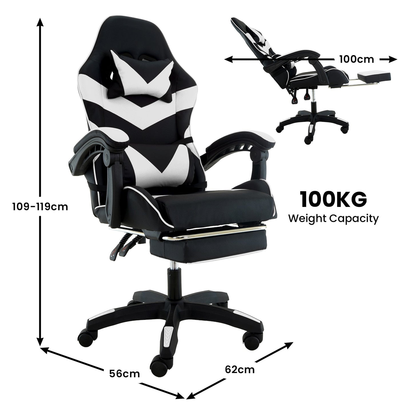 Sarantino Cueva Reclining High Back Office Gaming Chair with Retractable Footrest Office Computer Seating in Black/White