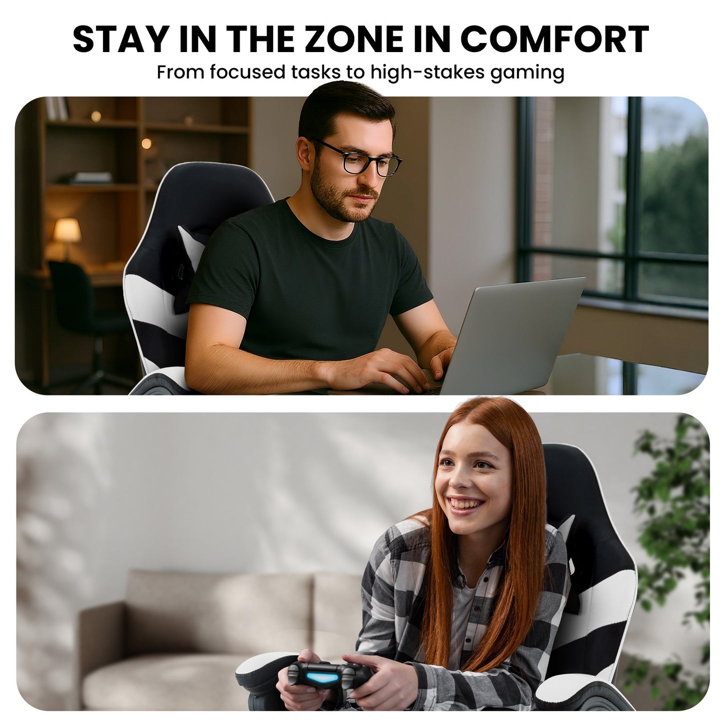 Sarantino Cueva Reclining High Back Office Gaming Chair with Retractable Footrest Office Computer Seating in Black/White