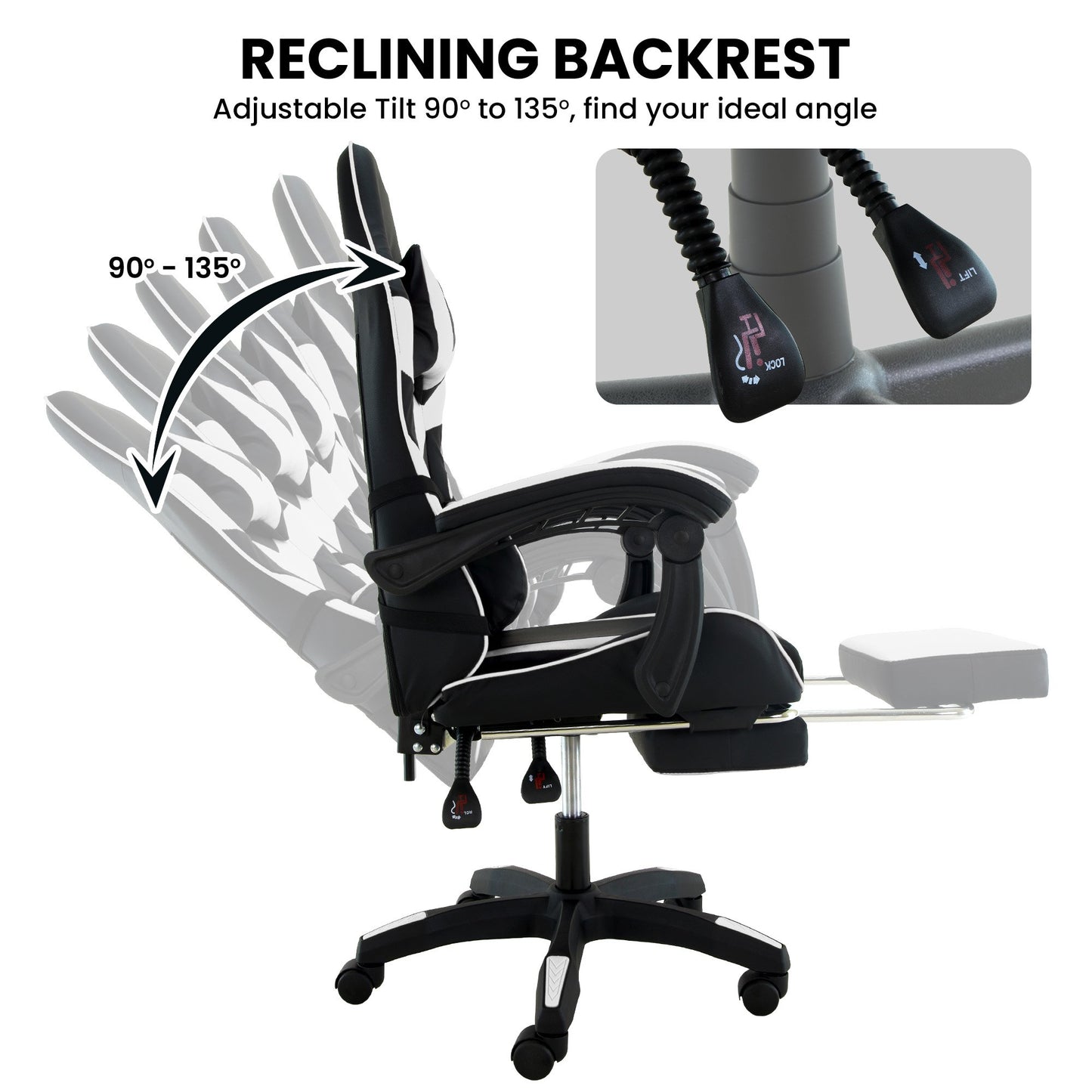 Sarantino Cueva Reclining High Back Office Gaming Chair with Retractable Footrest Office Computer Seating in Black/White