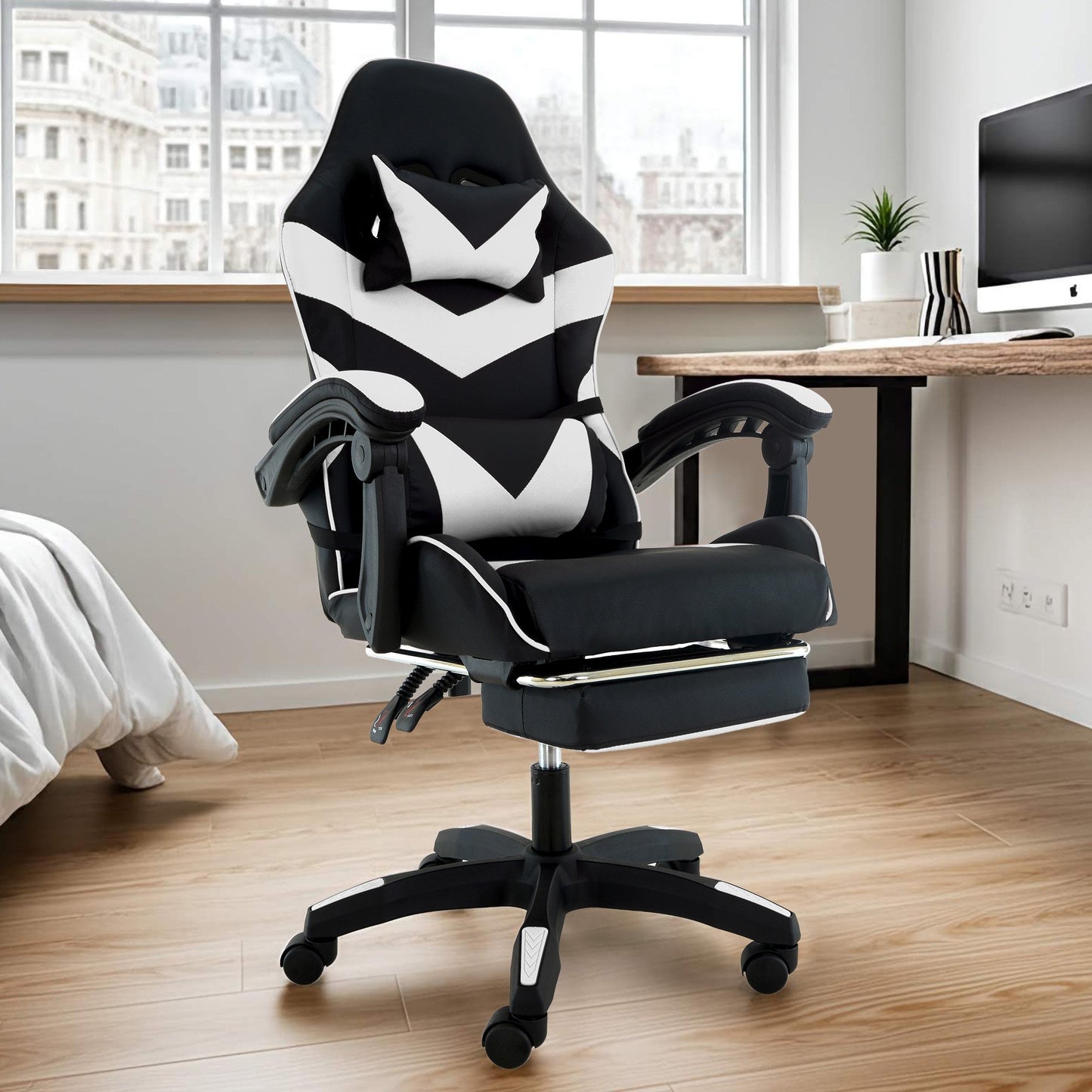 Sarantino Cueva Reclining High Back Office Gaming Chair with Retractable Footrest Office Computer Seating in Black/White