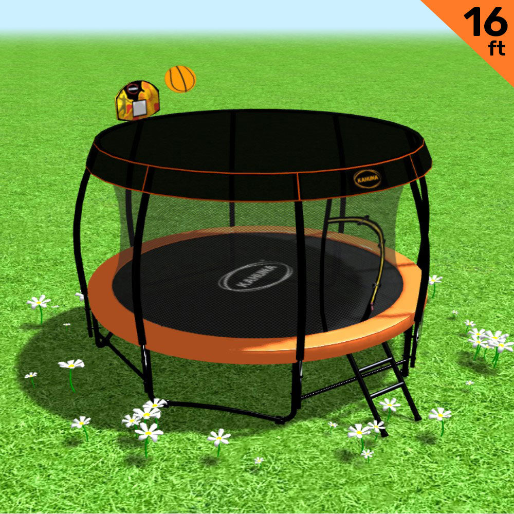 Kahuna Trampoline 16 ft with Basketball Set and Roof - Orange