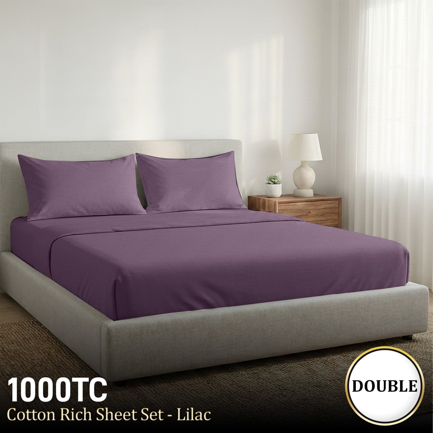 1000 Thread Count Cotton Rich Double Bed Sheet Set 4 Piece, Soft Feel Microfibre Blend, Solid Colour- Lilac