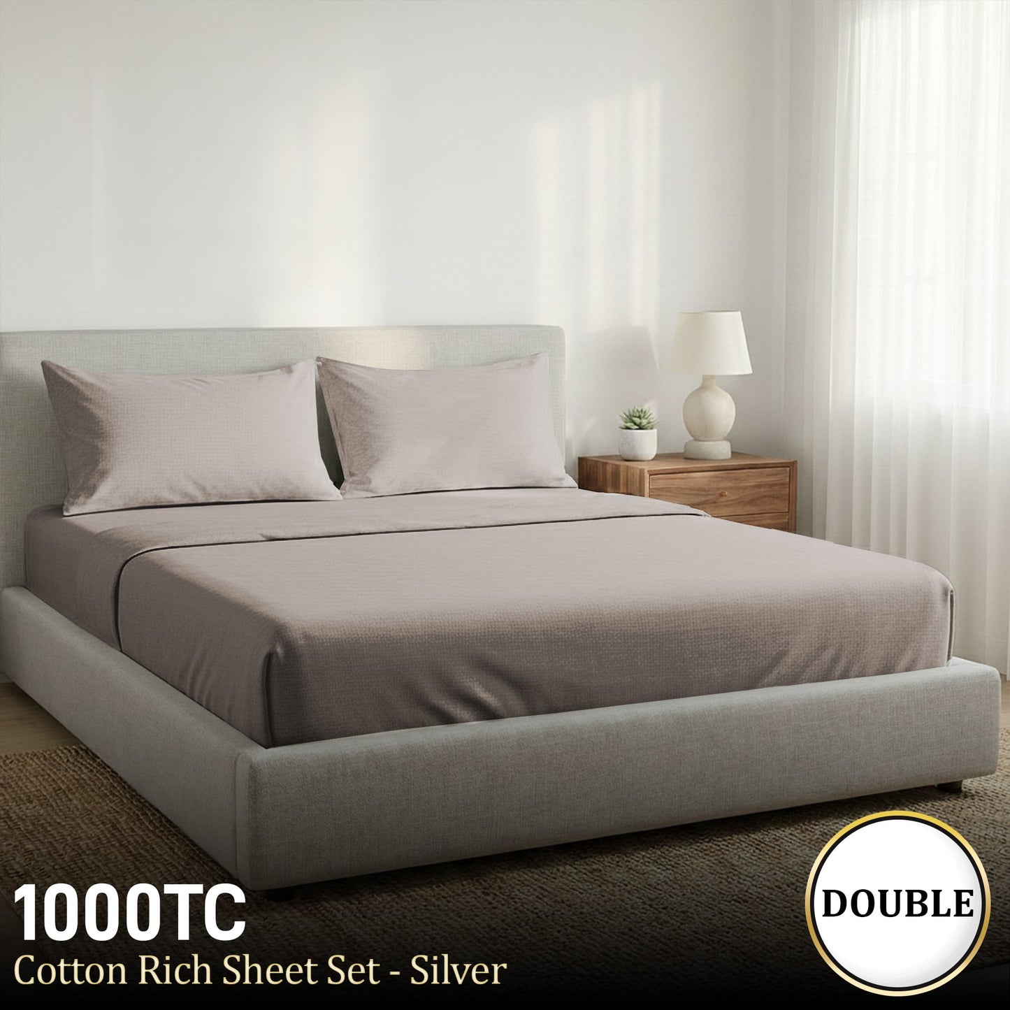 1000 Thread Count Cotton Rich Silver Double Bed Sheet Set 4 Piece, Soft Feel Microfibre Blend, Solid Colour