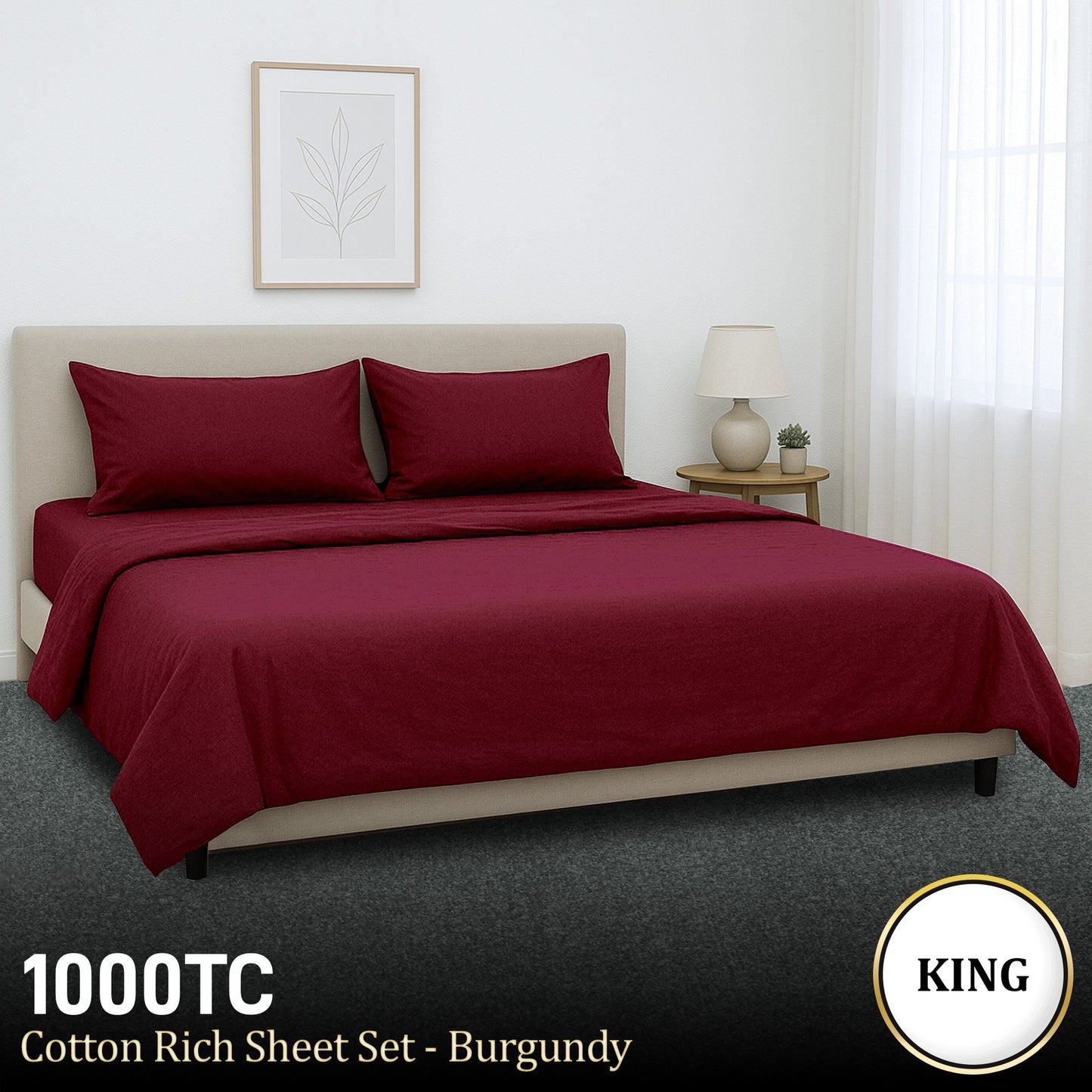 1000 Thread Count Cotton Rich King Bed Sheets 4-Piece Set in Burgundy