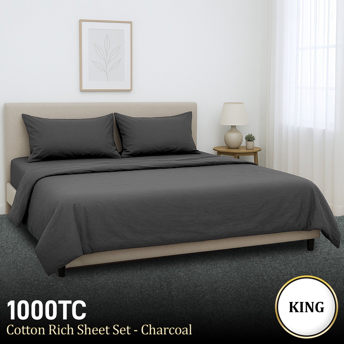 1000 Thread Count Cotton Rich King Bed Sheets 4-Piece Set in Charcoal