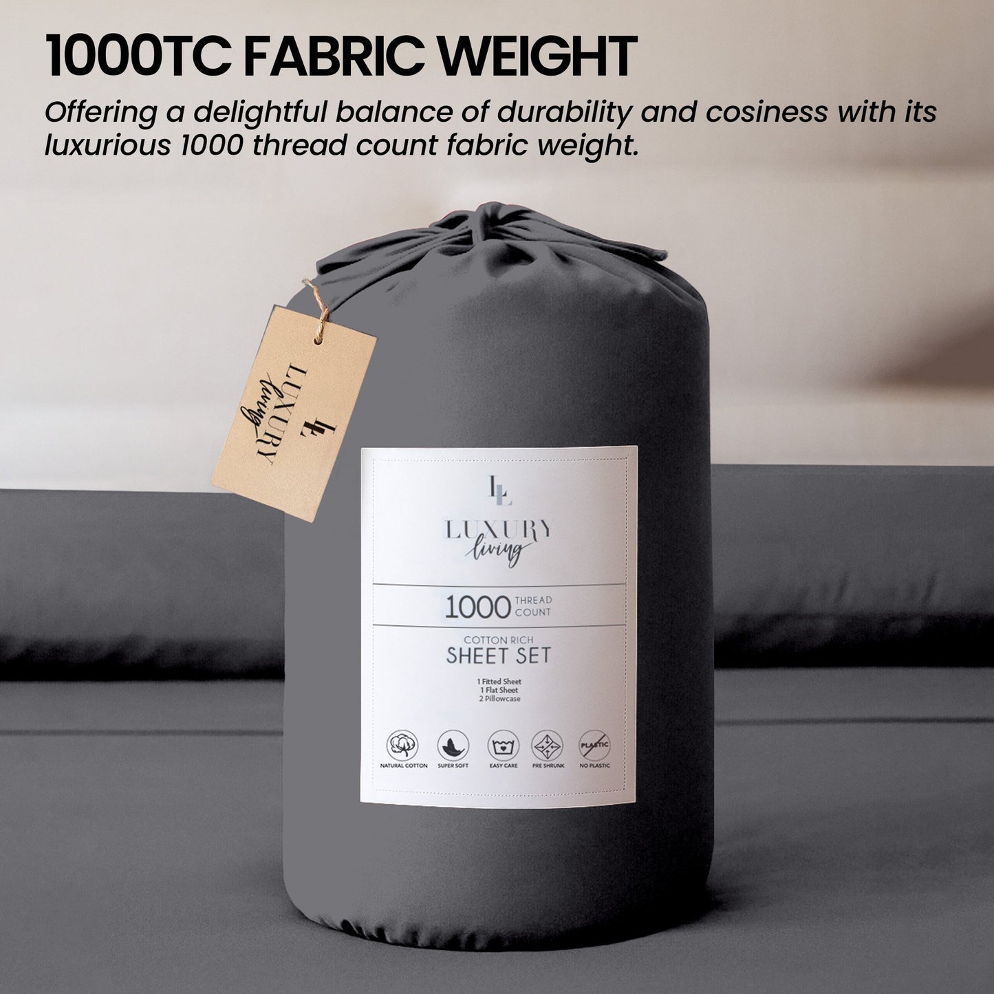 1000 Thread Count Cotton Rich King Bed Sheets 4-Piece Set in Charcoal