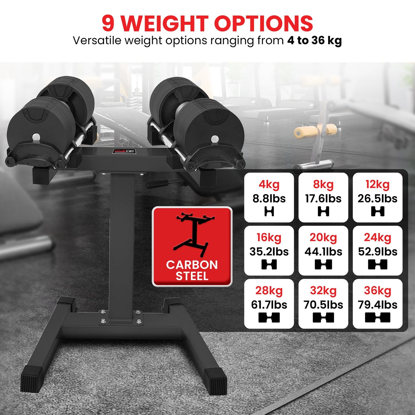 Powertrain 2x 36kg Eon Dial-Up Adjustable Dumbbell Set with Stand