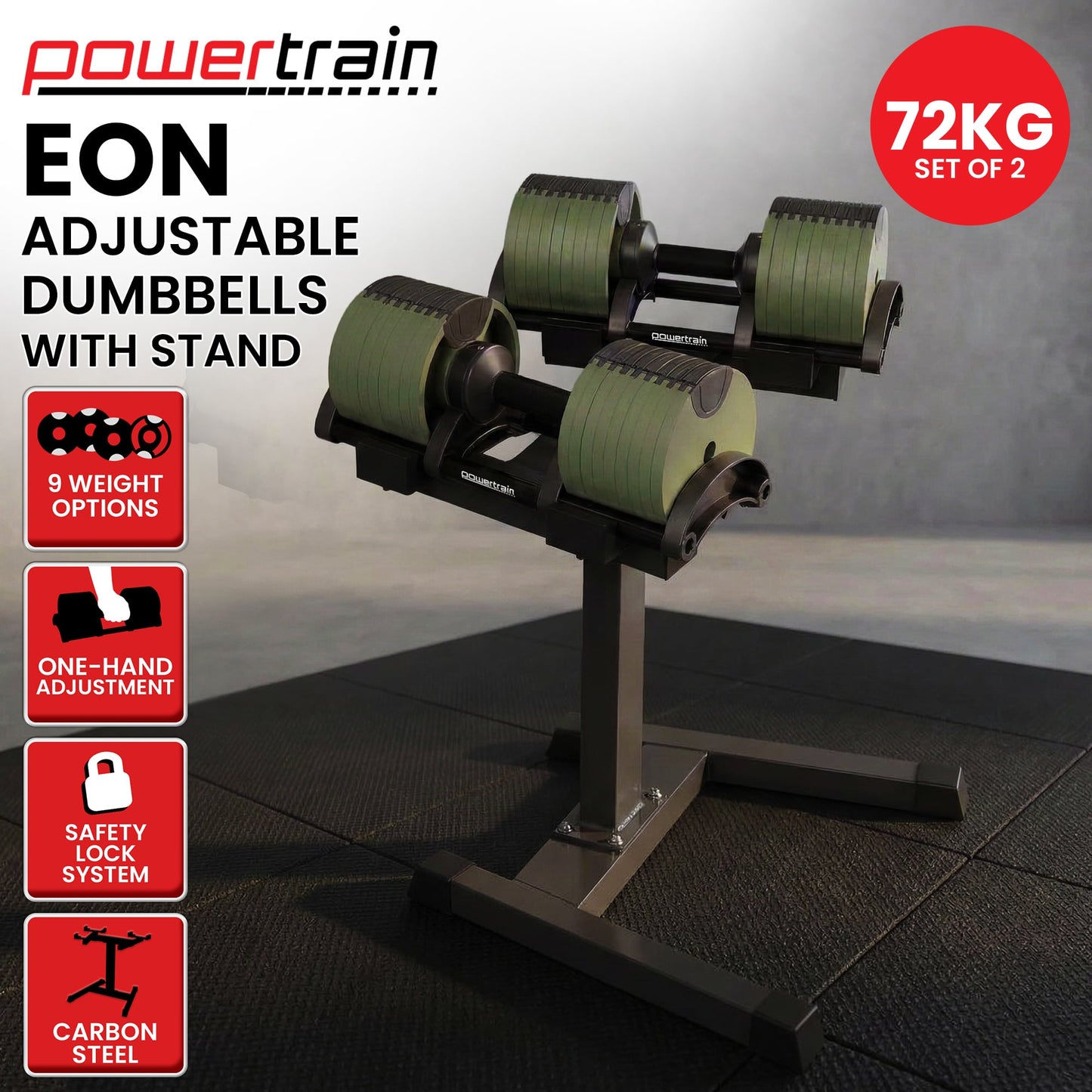 Powertrain Eon Dial Up 72KG Adjustable Dumbbells Pair with Stand - Green