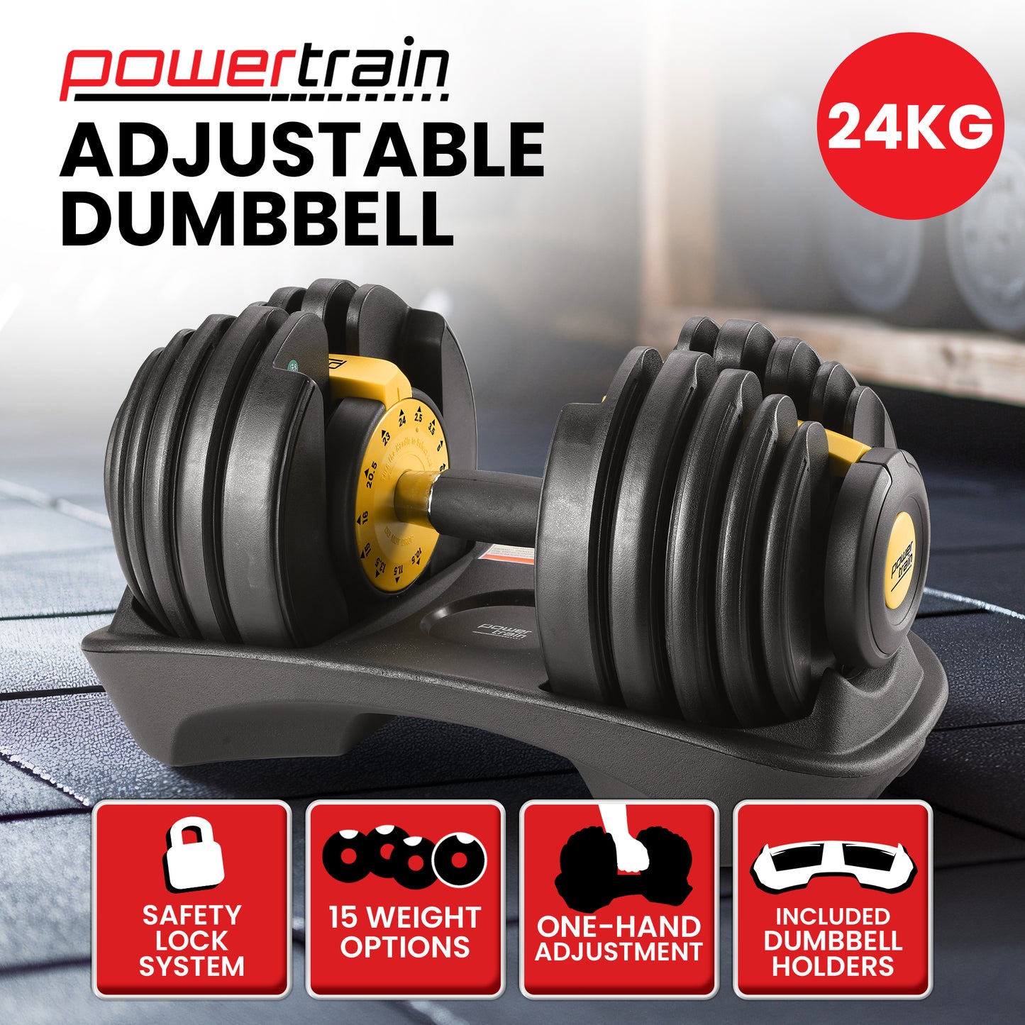 Powertrain 24kg Adjustable Dumbbell Home Gym Exercise Weights Free Workout Gold
