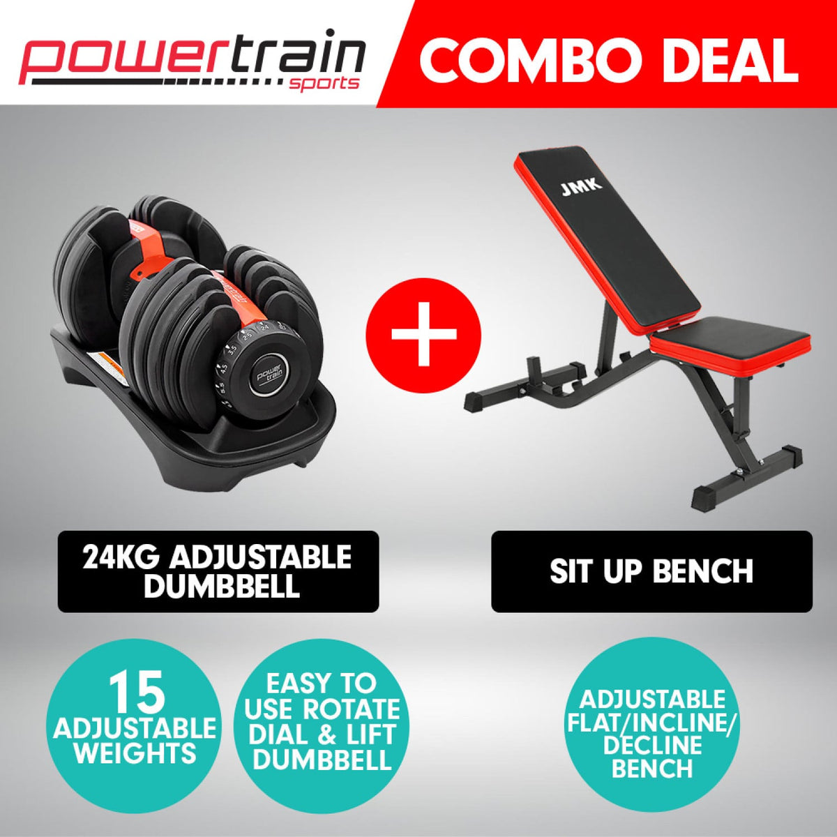 Powertrain 24kg Adjustable Dumbbell Home Gym Exercise Bench Weights