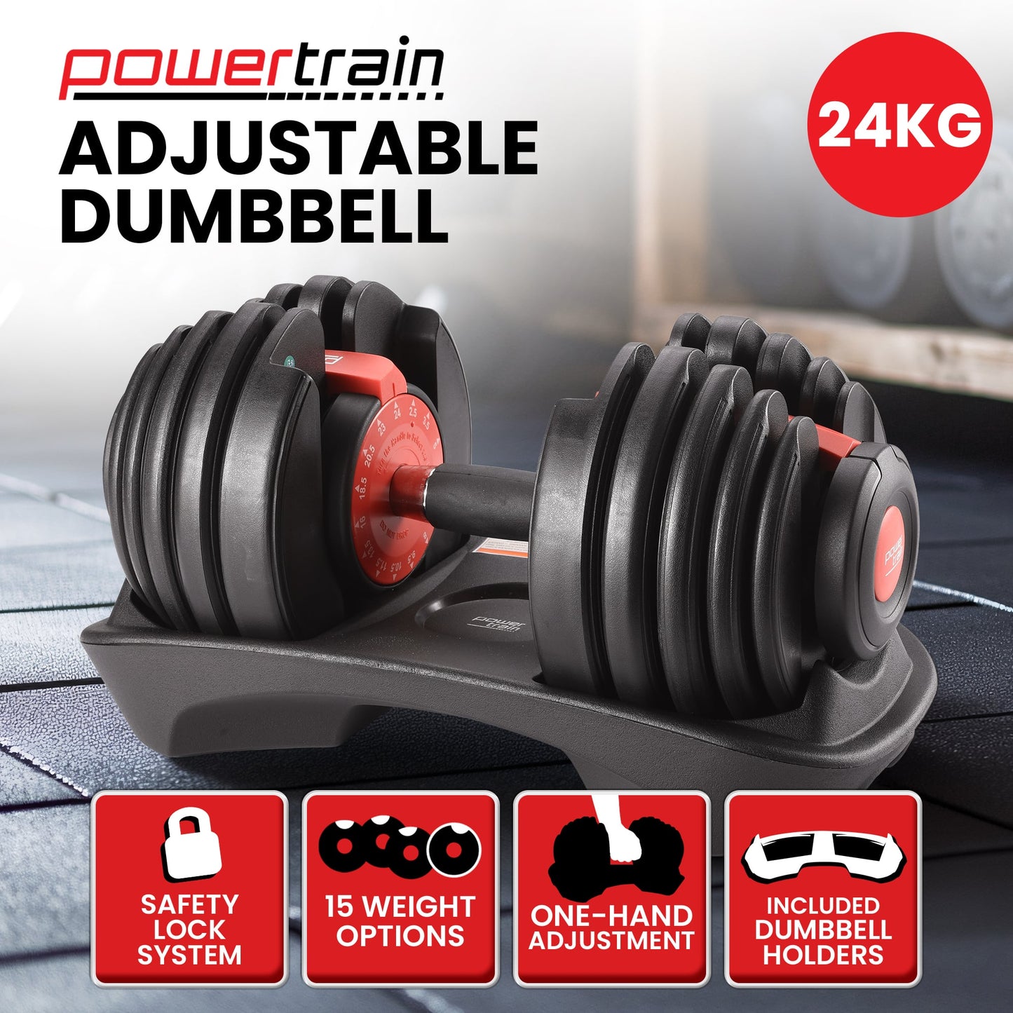 Powertrain 24kg Adjustable Dumbbells 15-in-1 Home Gym Weights Red