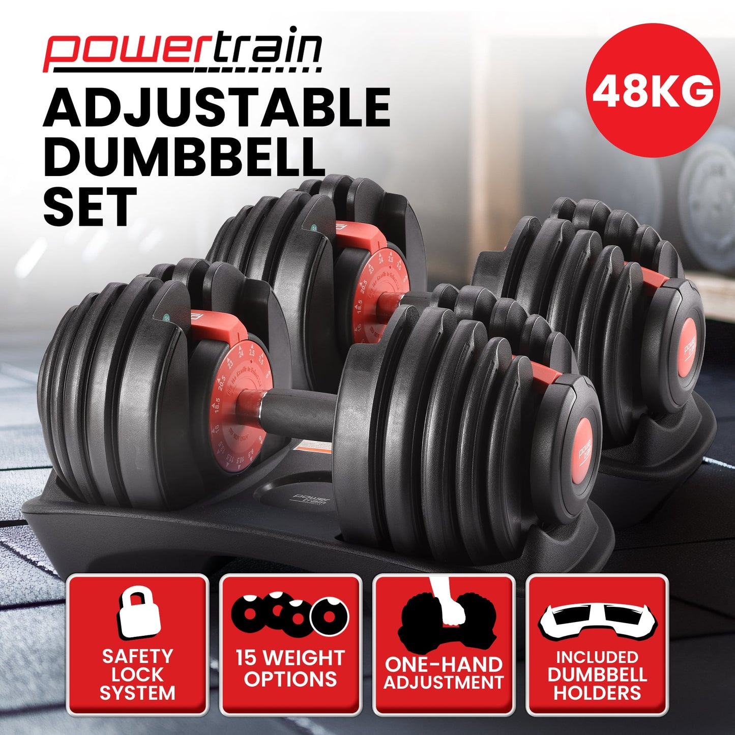 Powertrain 48kg Adjustable Dumbbells 15-in-1 Home Gym Weights Red