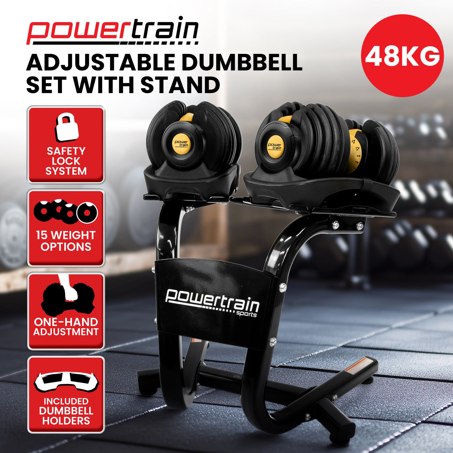 Powertrain Adjustable Dumbbells Set Home Gym Exercise Free Weights 48kg w/ Stand - Gold