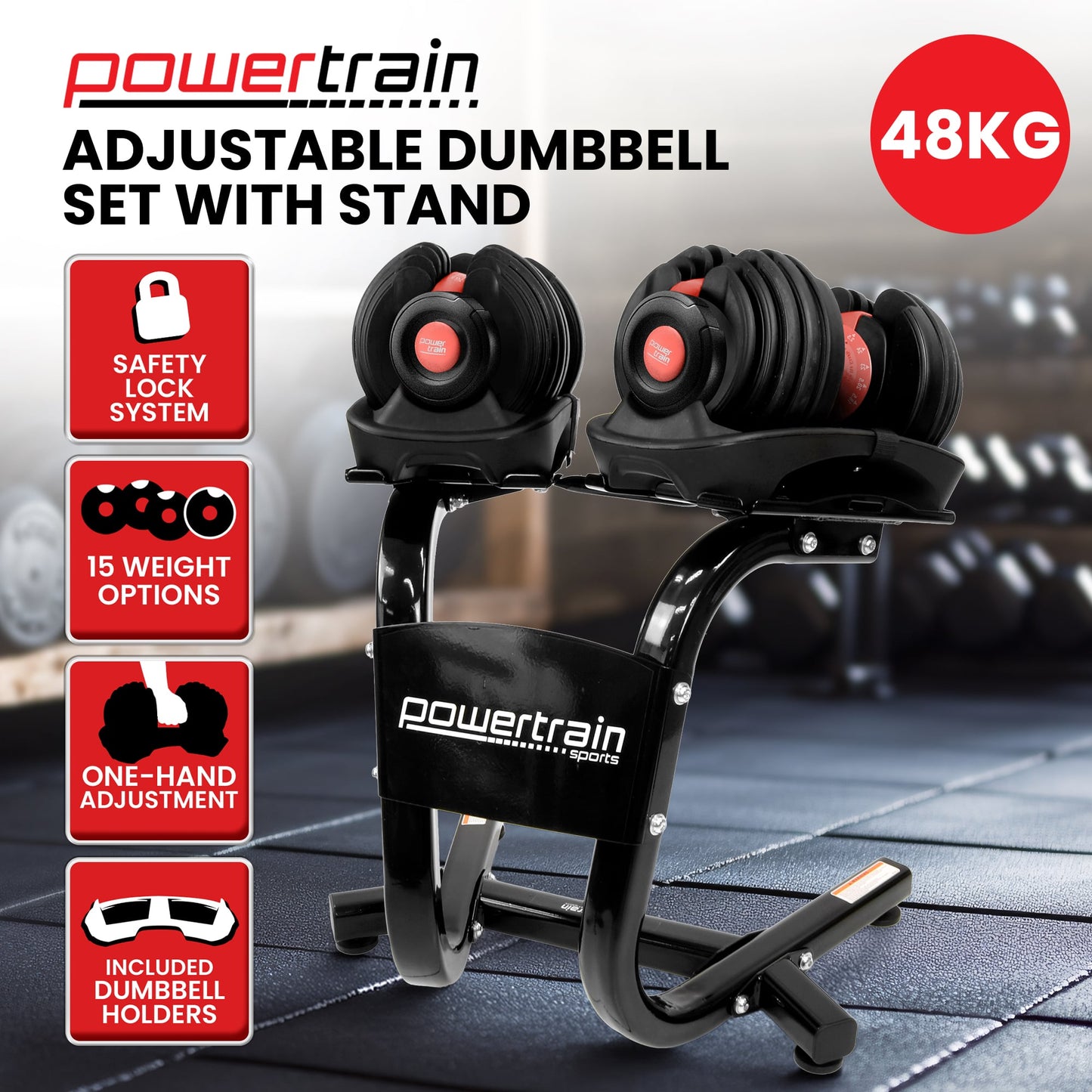 Powertrain 48kg Adjustable Dumbbells with Dumbbell Stand Red