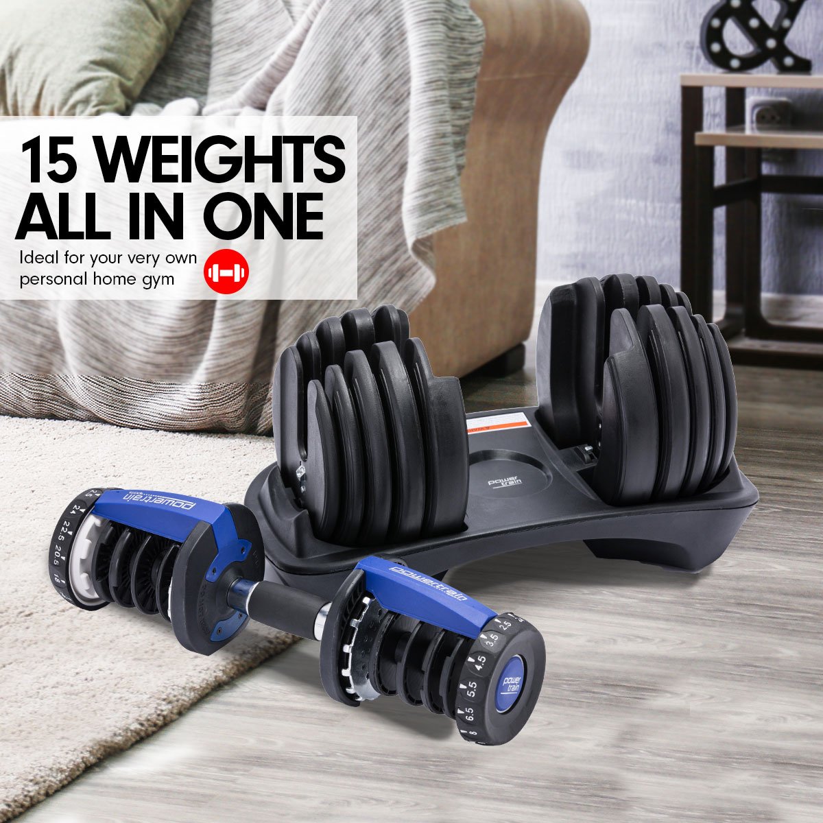 48kg Powertrain Adjustable Dumbbell Home Gym Set - Blue