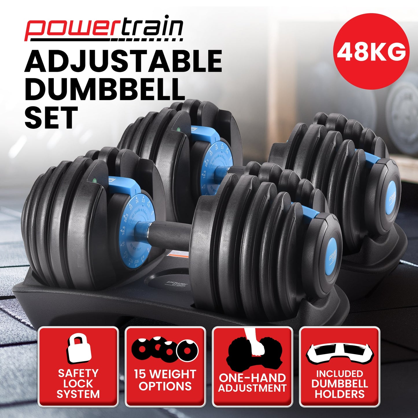 Powertrain 48kg Adjustable Dumbbell Set Home Gym Exercise Equipment Weights Blue