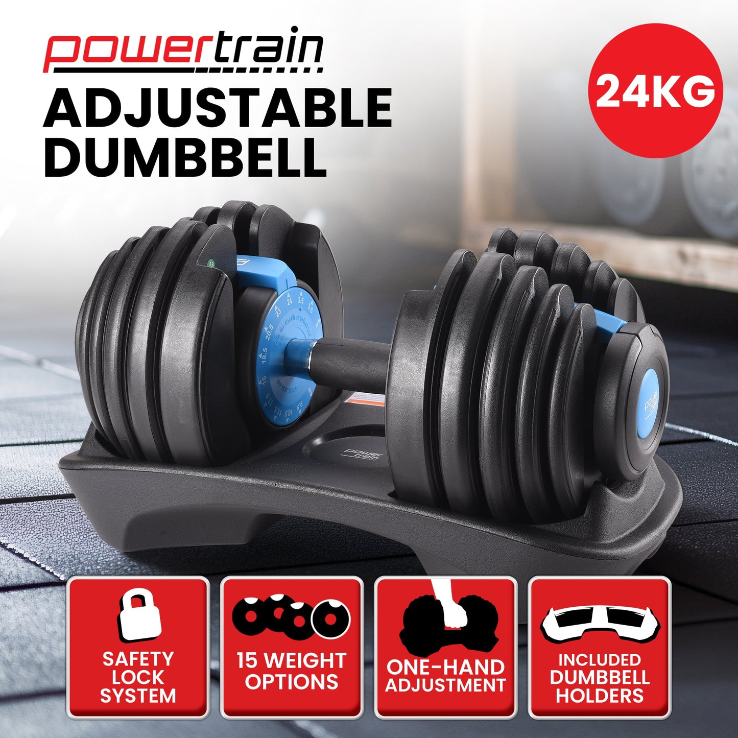 Powertrain 24kg Adjustable Dumbbell Home Gym Exercise Weights Free Workout Blue