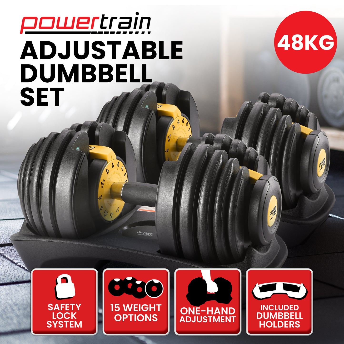 Powertrain 48kg Adjustable Dumbbell Set Home Gym Exercise Equipment Weights Gold