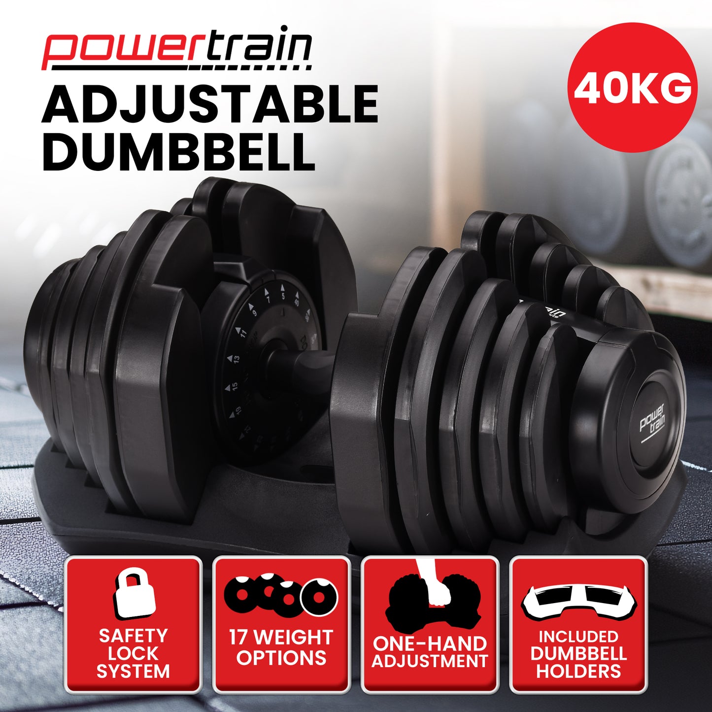 Powertrain 40kg Adjustable Dumbbell Home Gym Exercise Equipment Free Weights